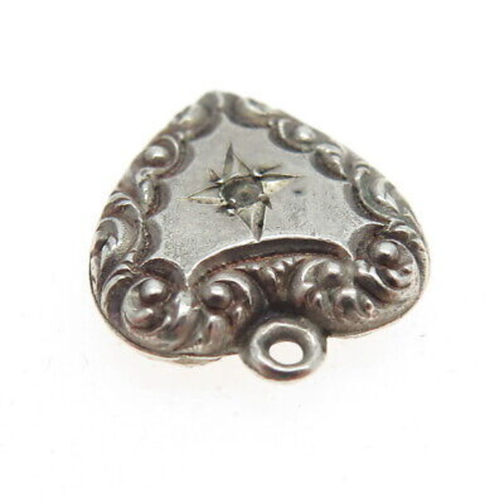 925 Sterling Silver Antique Victorian Repousse Heart Pendant (missing stone) - Picture 6 of 7